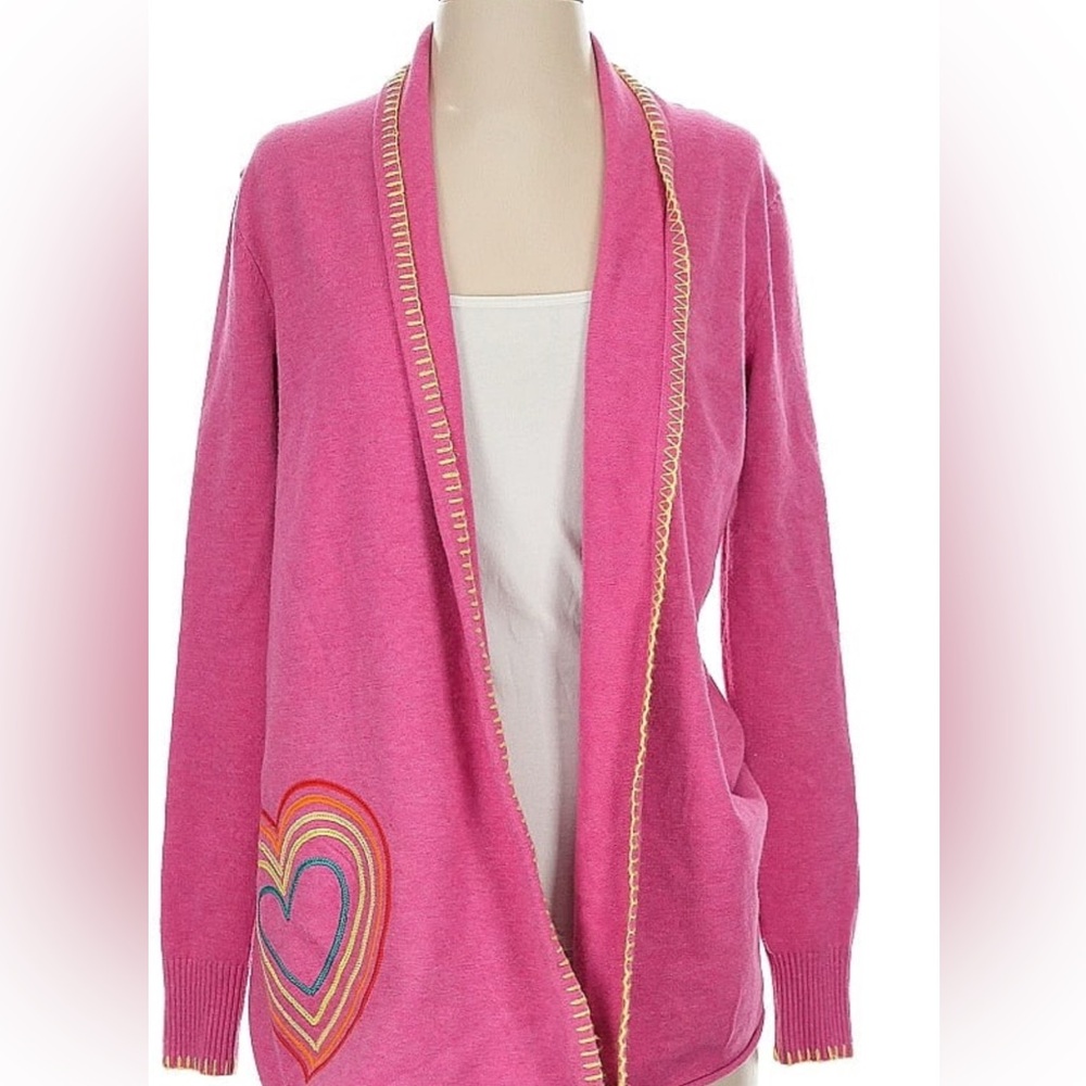 Kerri Rosenthal Size S Cardigan Sweater Pink Rainbow Heart Open Artsy XOKR